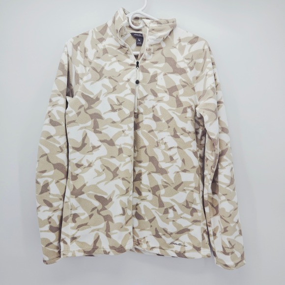 Eddie Bauer Fleece Quarter Zip Pullover Top Beige Bird Print - Picture 1 of 7